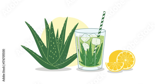 Illustration of a glass of aloe vera juice with ice and lemon slices next to aloe plants.
