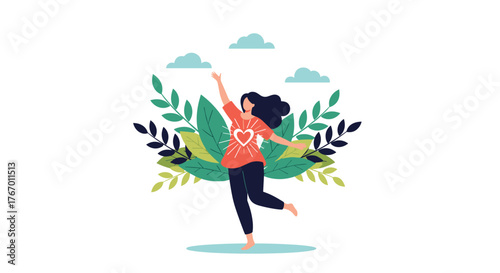 Woman in orange shirt with heart emblem joyfully jumping amidst lush green foliage and clouds.