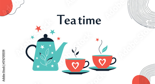 Teatime graphic featuring a teal teapot and two red teacups with hearts.