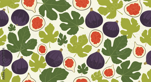 Seamless pattern of fresh purple figs and green fig leaves on a cream background.
