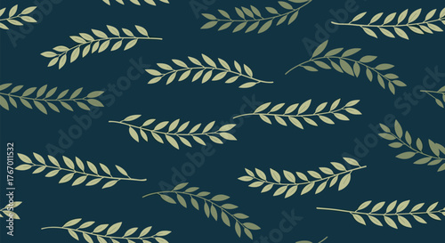 Seamless pattern of delicate golden laurel branches on a dark teal background.