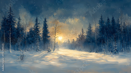 A peaceful winter scene with soft snow falling over a quiet blue-toned forest.