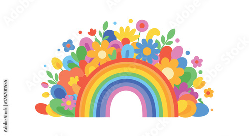 A vibrant rainbow arching over a cheerful arrangement of colorful flowers and leaves.