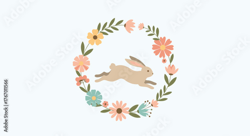 A cute cartoon bunny hops through a floral wreath with pastel colored flowers and green leaves.