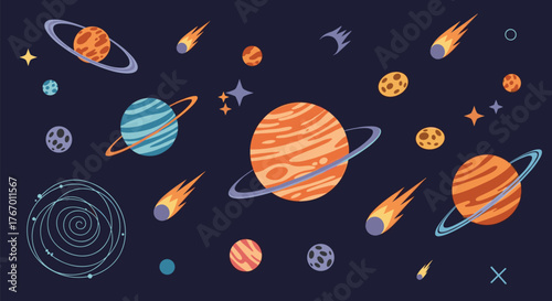 Whimsical space illustration featuring planets, stars, and comets against a dark blue background.