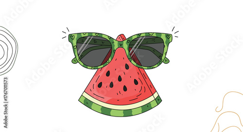 A slice of watermelon wearing sunglasses as if it is a person, with a fun summer vibe.
