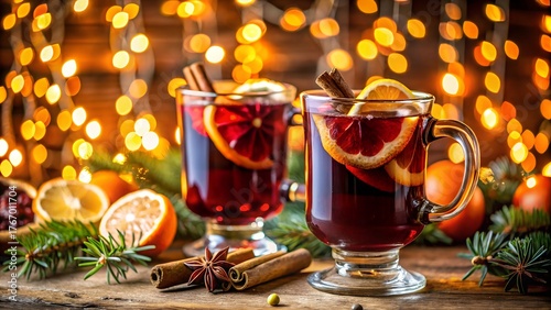 Two glasses of steaming mulled wine, garnished with slices of orange and cinnamon sticks, stand amidst festive christmas lights, evoking a sense of warmth and holiday cheer