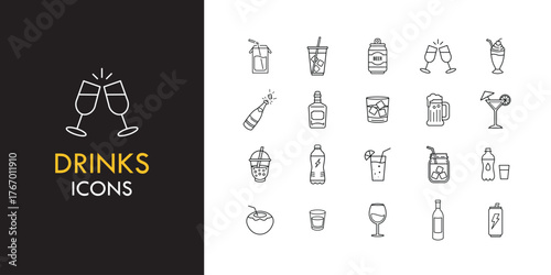 Drinks line icon set, outline web icon collection containing Beer, Champagne, Cockta and more, vector illustration in line style.