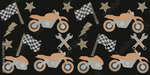 Seamless pattern with motorcycles checkered flags wrenches stars and lightning bolts on a black background