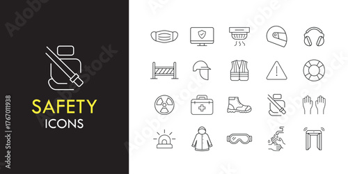 Safety line icon set, outline web icon collection containing Helmet, Seatbelt, Gloves and more, vector illustration in line style