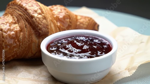 Close Up Of Golden Croissant Near White Bowl With Red Jam On Table