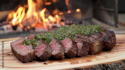 Close Up Sliced Grilled Steak with Green Herb Sauce on Wooden Board