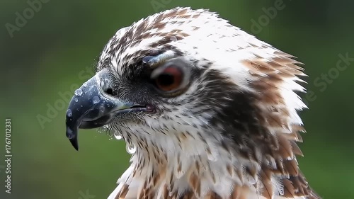 Close Up Profile of Osprey Head with Striking Orange Eye and Droplets Under Rain