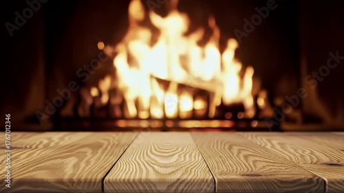 Cozy Fireplace with Golden Flames and Rustic Wood Table in Foreground