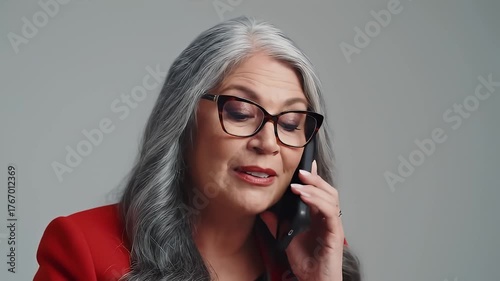 Elegant Older Woman with Gray Hair in Red Blazer Talking on Smartphone against Gray