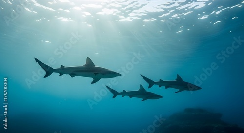 Three Reef Sharks Swim in Sunlit Tropical Waters, Illustrating Ocean Life and Marine Ecosystems
