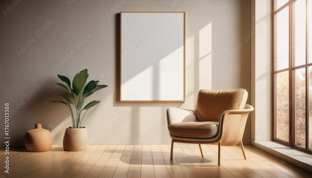 Fototapeta premium minimalist armchair and blank poster in sunlit interior