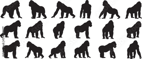 Gorilla Silhouette Collection | Set of Wild Gorilla Silhouettes in Various Poses Isolated on White Background | Jungle and Wildlife Animal Vector for Design and Illustration