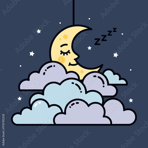 Dreamy Crescent Moon Sleeping on Clouds in Night Sky.