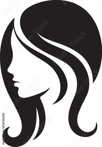 Stylized Elegant Woman Profile Silhouette Minimalist Black and White Line vector Art with Flowing Hair for Beauty, Fashion, and Hair Care Branding