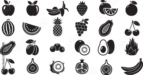 Diverse assortment of fresh fruits artistically rendered in silhouette style
