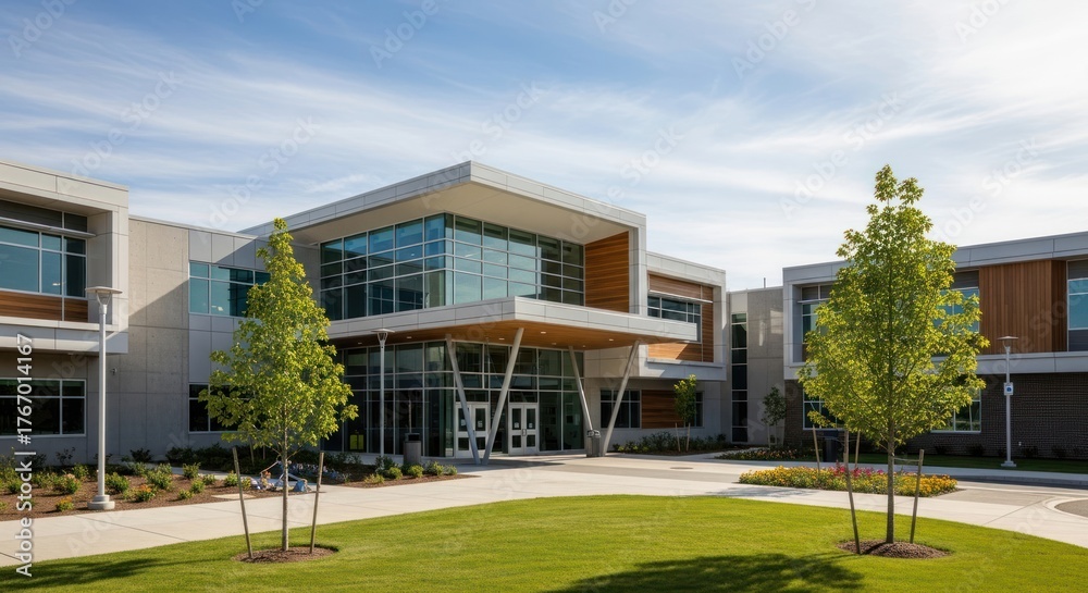 Obraz premium Modern educational building entrance with green lawn and trees.