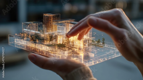 Hands holding glowing holographic smart city model, futuristic urban innovation and sustainable technology concept for modern development