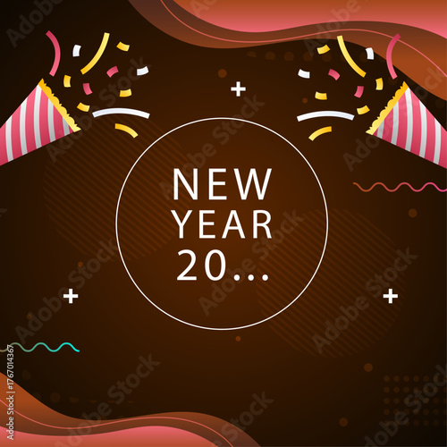 Joyful New Year celebration graphic with stylish confetti explosions, dynamic abstract shapes, and elegant modern typography design