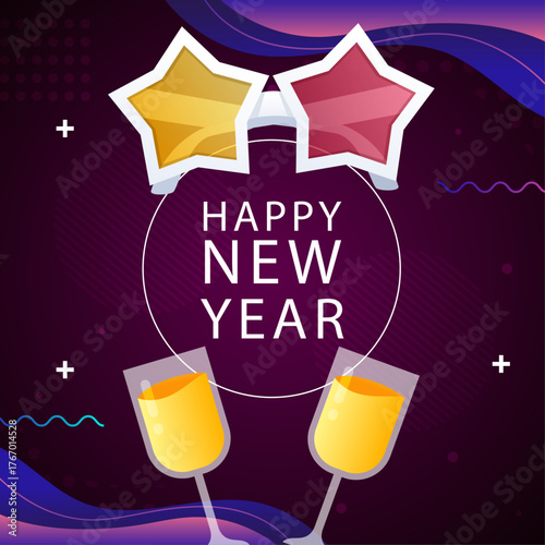 Vibrant New Year's Eve party background with clinking champagne flutes and festive star sunglasses