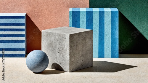 Geometric composition of cubes, stripes, sphere, and colorful background