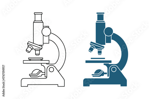 Microscope icon set, Line art and Flat Silhouette, Two Different version Illustration, scientific research and education.