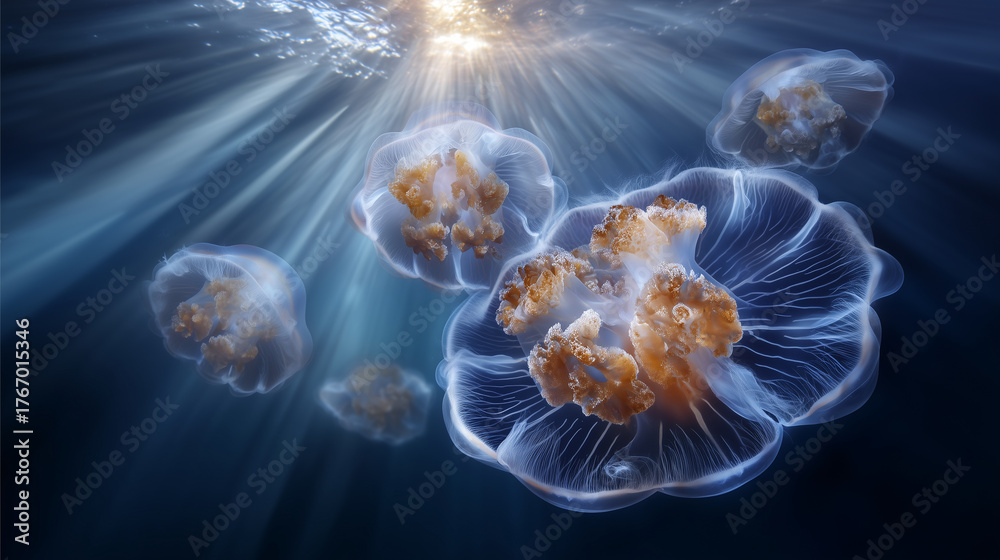 Obraz premium Giant jellyfish floating beneath Antarctic ice sheet with sunlight beams antarctica, jellyfish, underwater, glowing, ice, sunlight, marine life, cold sea, beauty, wildlife