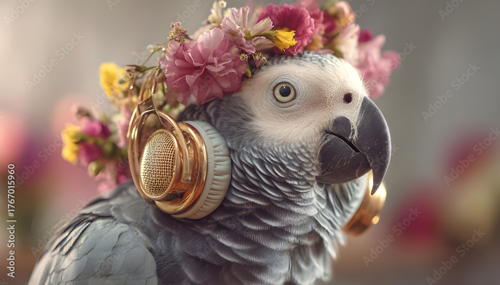 Fototapeta premium Parrot with gold headphones and flower crown enjoys music in bright studio setting