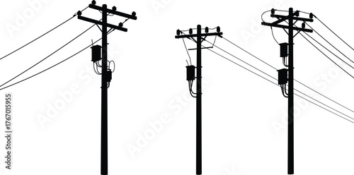 Utility poles with transformers, power lines, electricity distribution, energy infrastructure, silhouette design, industrial background, rural connection
