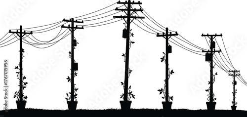 Utility poles with vines, electricity distribution, power lines in flowerpots, nature meets infrastructure, silhouette art, energy connection