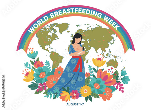 World Breastfeeding Week: a newborn suckling milk from its mother’s breast, captured in a flat‑style portrait of mother and child, celebrating the natural bond of this international holiday