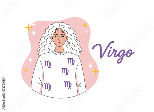A vector illustration of a beautiful woman embodying the Virgo zodiac sign, showcasing an astrology profile with themes of future telling, horoscope, alchemy, spirituality, occultism, and fashion