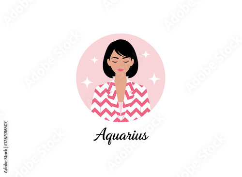 Vector illustration of a beautiful woman embodying the Aquarius zodiac sign, showcasing astrology profile details like future telling, horoscope, alchemy, spirituality, occultism, and fashion