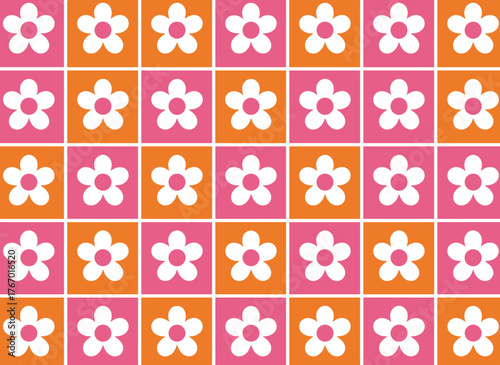 Seamless pattern of daisy flowers and checkerboard, set against a vibrant pink and orange vector background in a retro groovy style