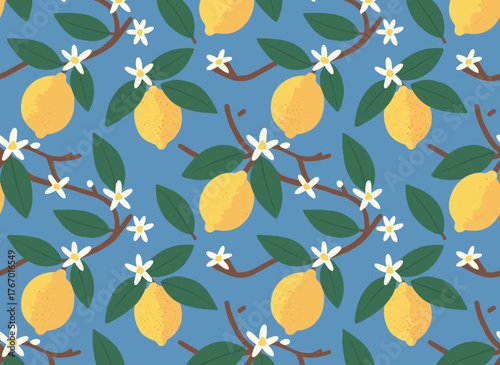 A seamless yellow lemon pattern featuring vector illustrations, ideal for wallpapers, pattern fills, web backgrounds, surface textures, and textiles
