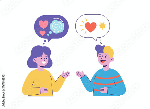 Two teenage students, a boy and a girl, have a friendly study discussion that reflects the concept of social media chat and communication