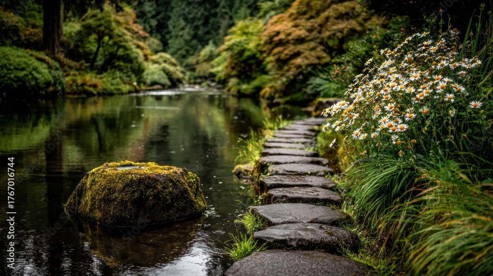 Fototapeta premium Serene garden scene stepping stones across water amidst lush foliage
