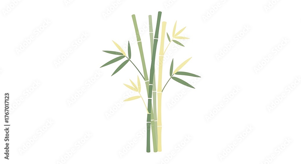 Fototapeta premium Delicate illustration of a light green bamboo stalk with subtle yellow accents and sparse leaves against a white background