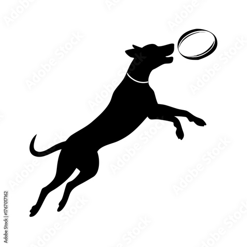 Silhouette of a dog jumping to catch a frisbee in mid air with a white background is shown here