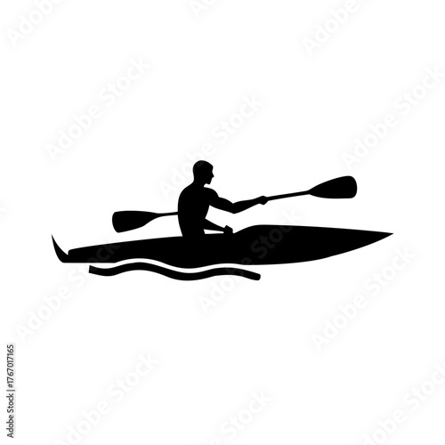 Silhouette of a person paddling a kayak on water with a double bladed paddle in a black and white image