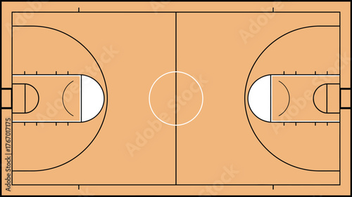 Top View Basketball Court Illustration, Wooden Floor, Court Lines and Markings, Sports Game Vector, Indoor Court Layout, Flat Vector Design, Sport Arena, Hardwood Court, Game Plan, Isolated Design