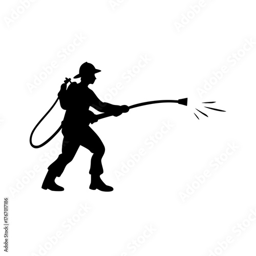 Silhouette of a firefighter holding a hose spraying water with a hat and protective gear on white background