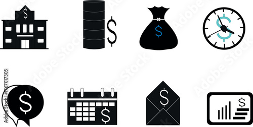 Business Finance and Money Management 8 Icon Set — Bank, Dollar, Investment, Payroll, and Budget Symbols