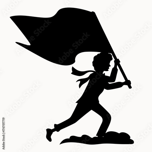Silhouette of a person running with a large flag on a white background in a dynamic pose and scarf detail