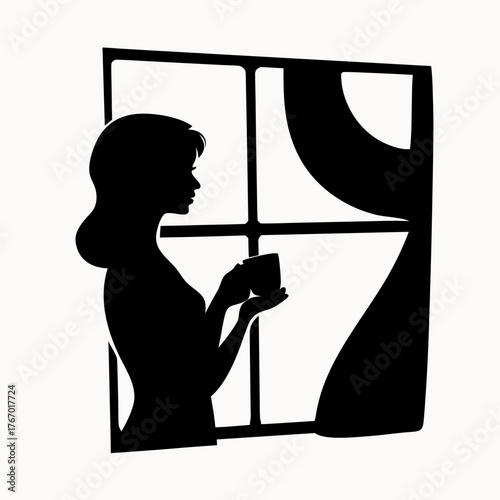 Silhouette of a woman holding a cup by a window with curtains in black and white illustration art